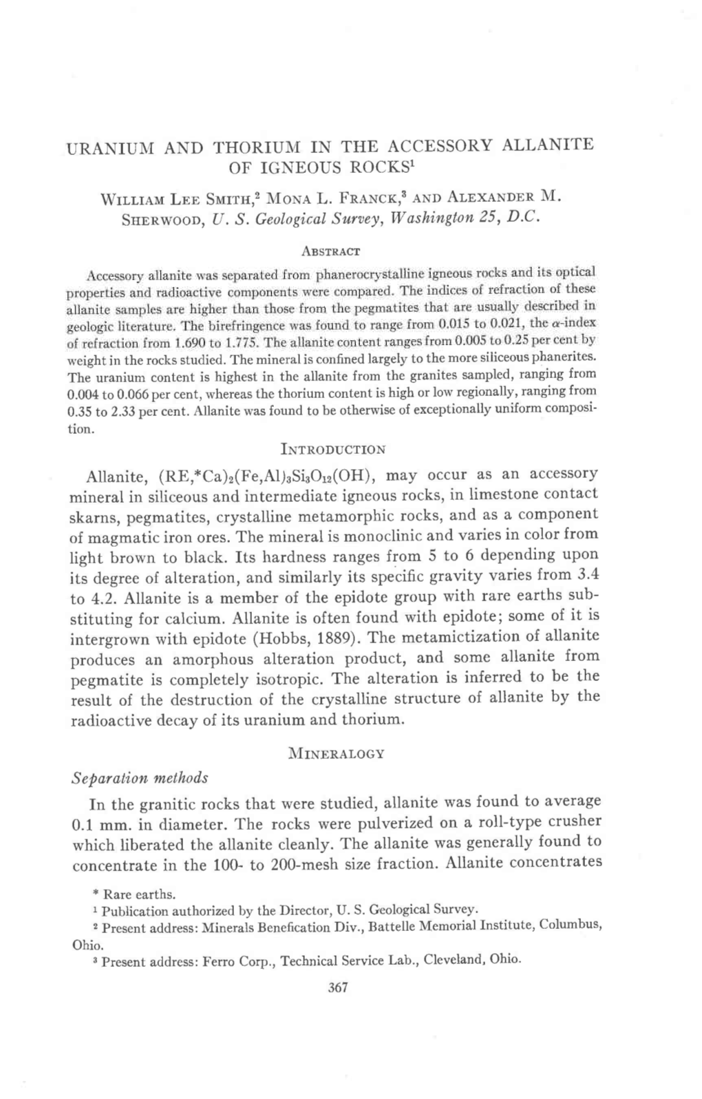 Uraniun{ and Thorium in the Accessory Allanite of Igneous Rocks1