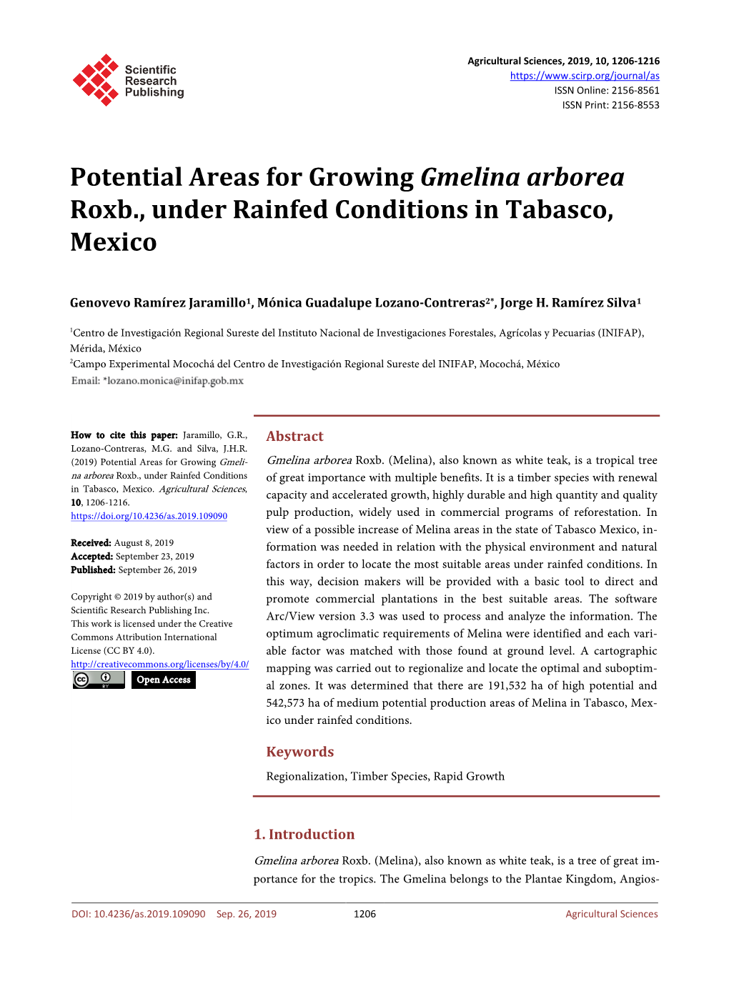 Potential Areas for Growing Gmelina Arborea Roxb., Under Rainfed Conditions in Tabasco, Mexico