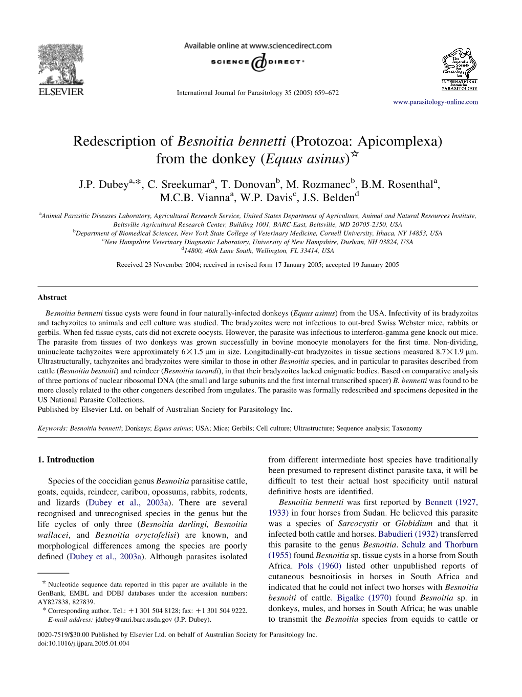 Redescription of Besnoitia Bennetti (Protozoa: Apicomplexa) from the Donkey (Equus Asinus)*