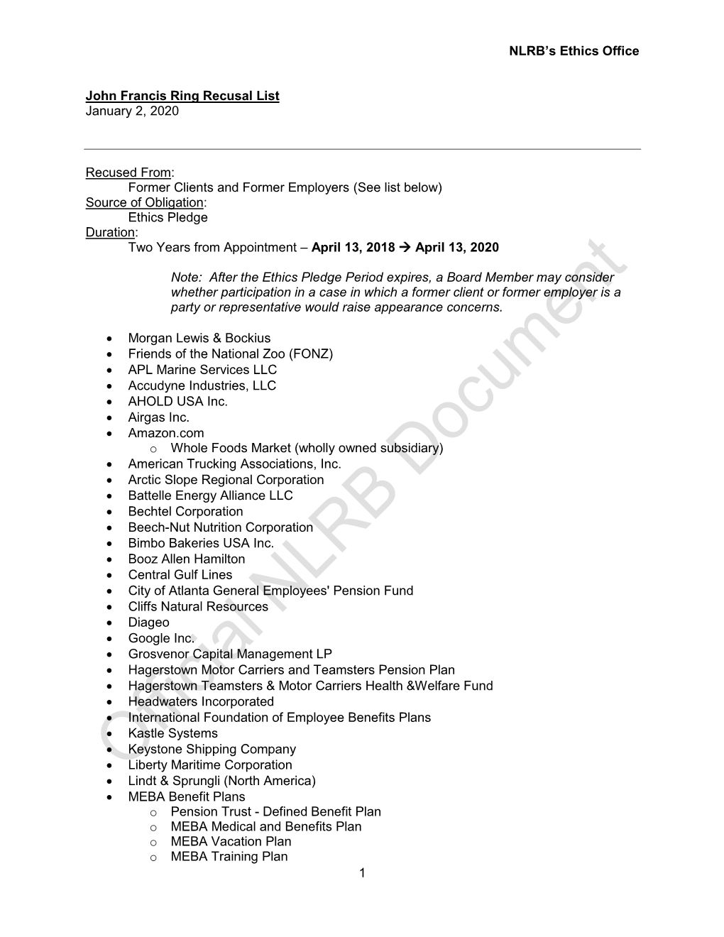 NLRB's Ethics Office John Francis Ring Recusal List January 2, 2020