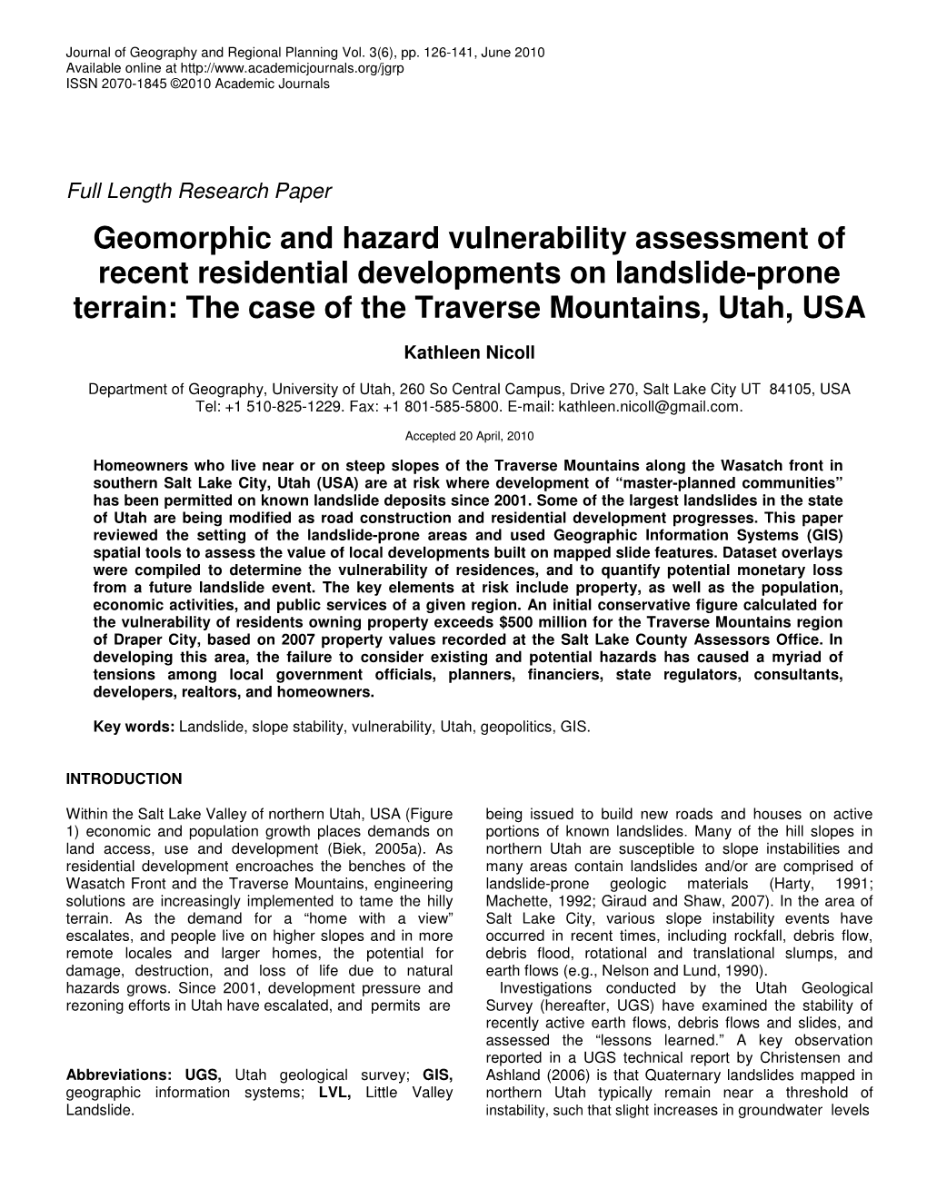 Geomorphic and Hazard Vulnerability Assessment of Recent Residential Developments on Landslide-Prone Terrain: the Case of the Traverse Mountains, Utah, USA