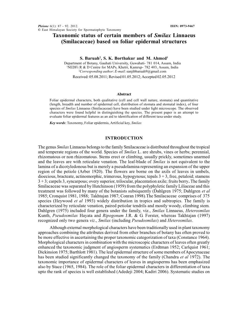 Taxonomic Status of Certain Members of Smilax Linnaeus (Smilacaceae) Based on Foliar Epidermal Structures