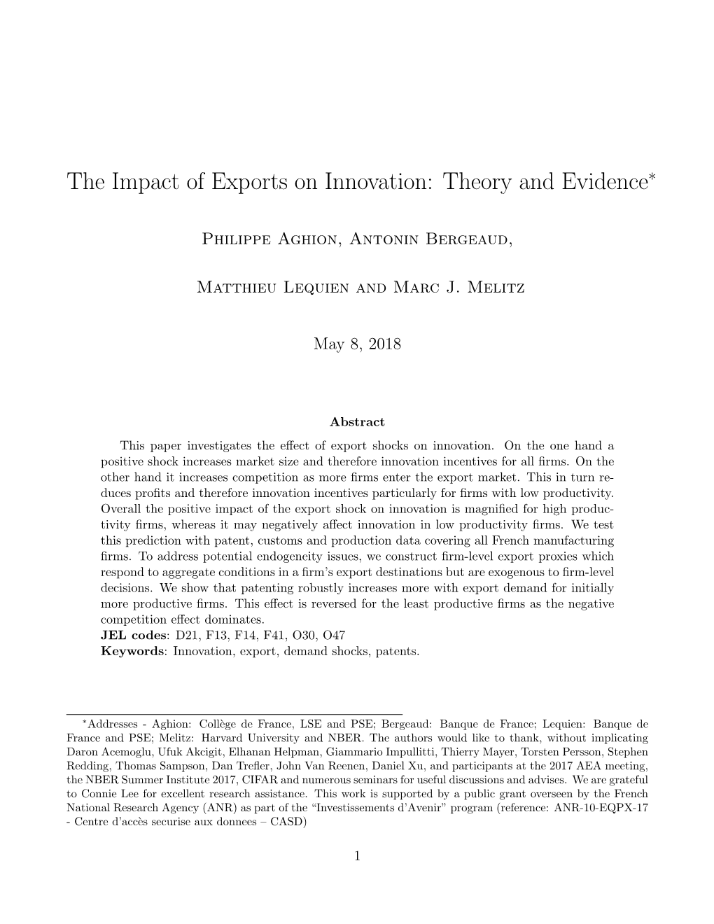 The Impact of Exports on Innovation: Theory and Evidence∗