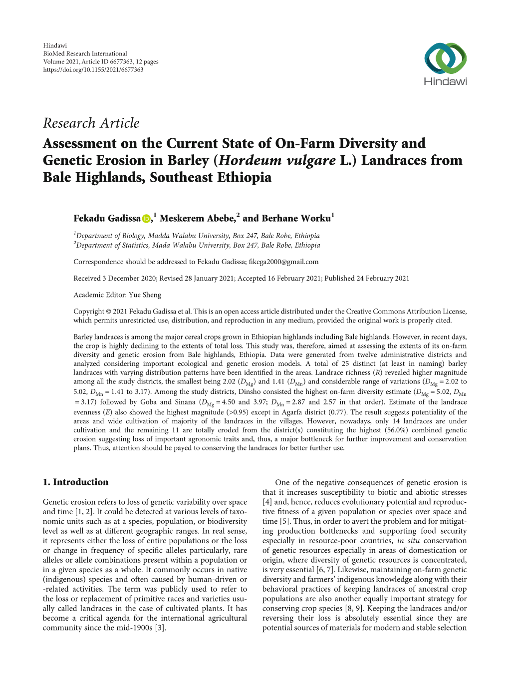 Assessment on the Current State of On-Farm Diversity and Genetic Erosion in Barley (Hordeum Vulgare L.) Landraces from Bale Highlands, Southeast Ethiopia