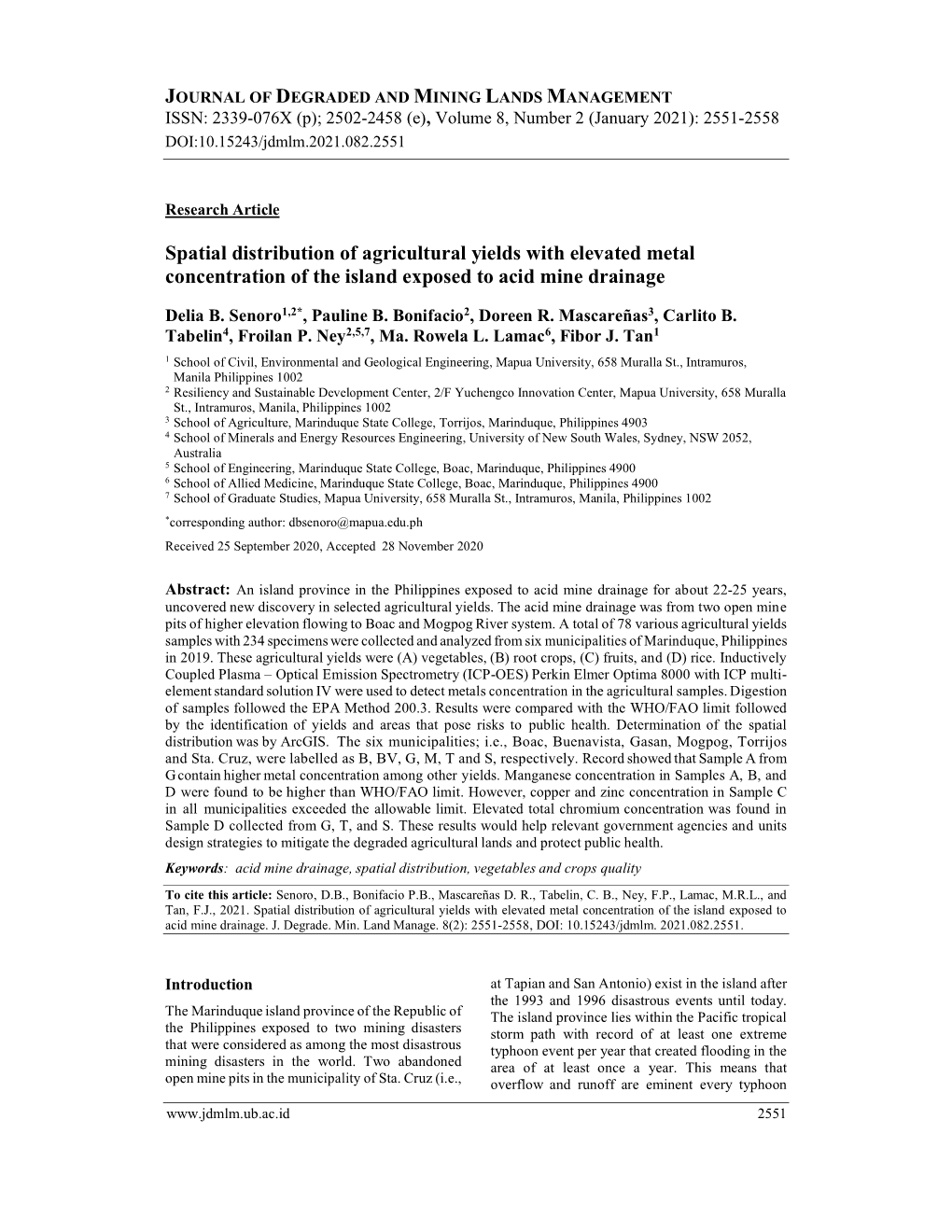 Spatial Distribution of Agricultural Yields with Elevated Metal Concentration of the Island Exposed to Acid Mine Drainage