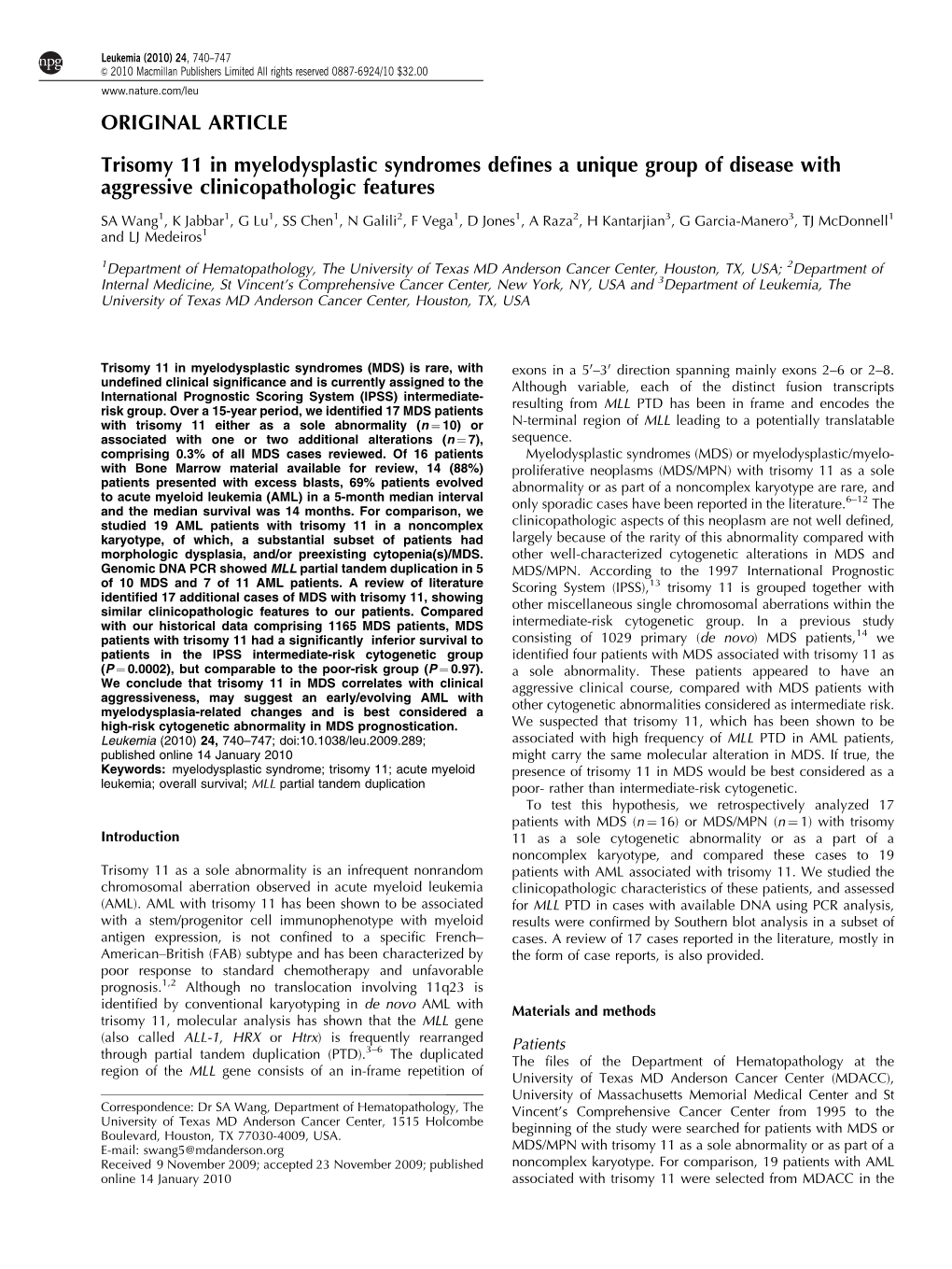 Trisomy 11 in Myelodysplastic Syndromes Defines a Unique Group of Disease with Aggressive Clinicopathologic Features