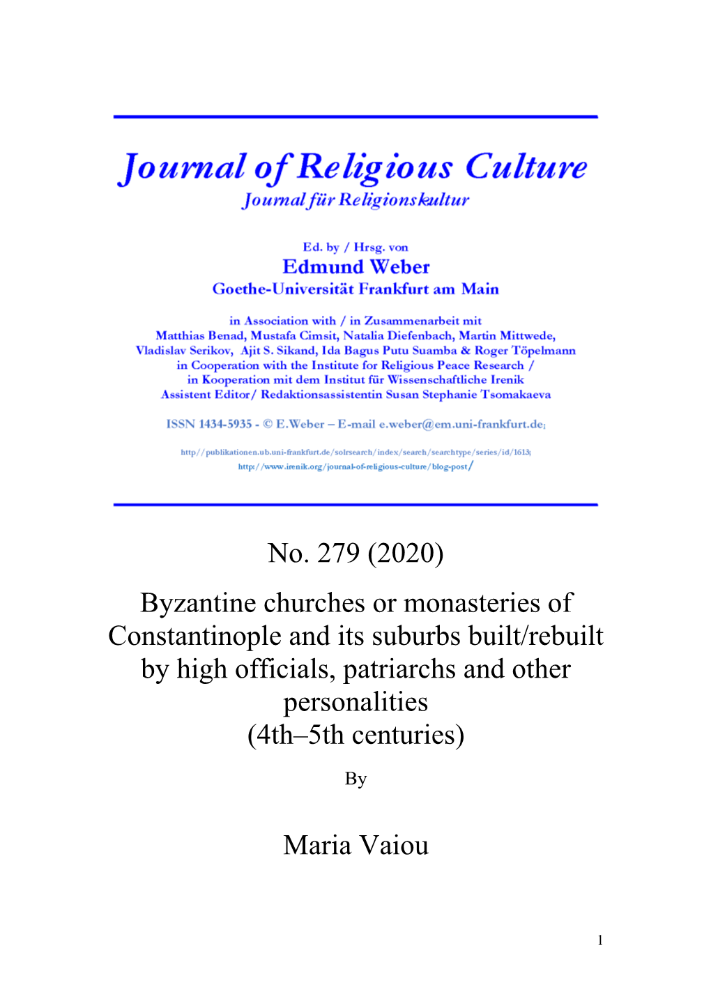 No. 279 (2020) Byzantine Churches Or Monasteries of Constantinople And