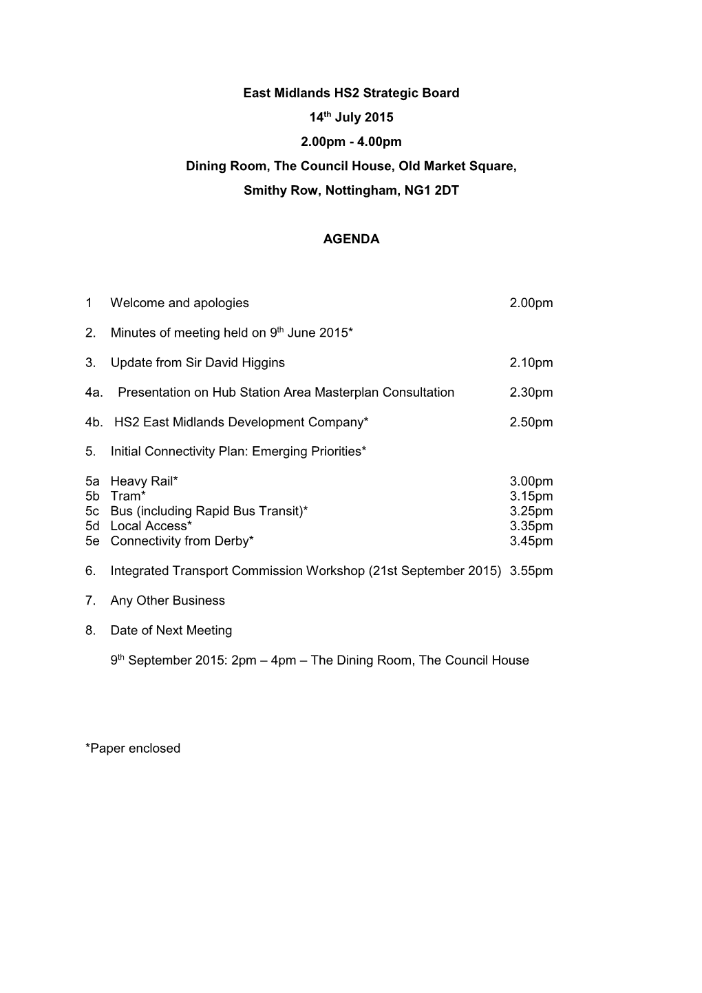 East Midlands HS2 Strategic Board 14Th July 2015 2.00Pm - 4.00Pm Dining Room, the Council House, Old Market Square, Smithy Row, Nottingham, NG1 2DT