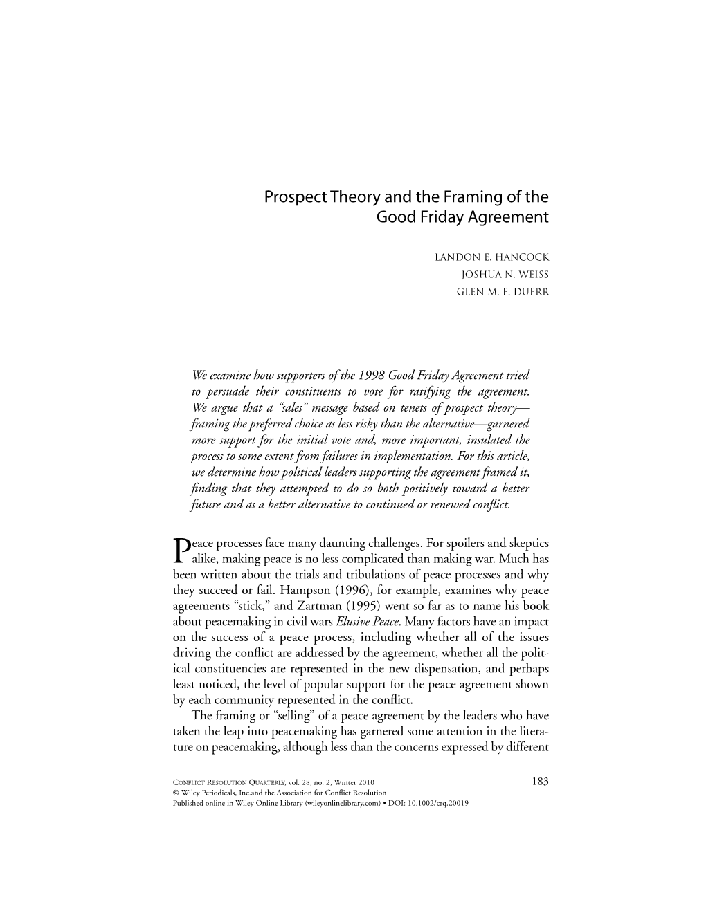 Prospect Theory and the Framing of the Good Friday Agreement