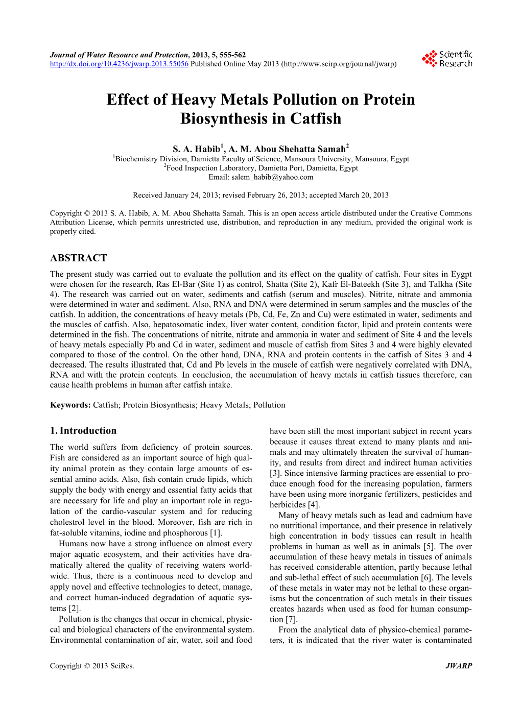 Effect of Heavy Metals Pollution on Protein Biosynthesis in Catfish