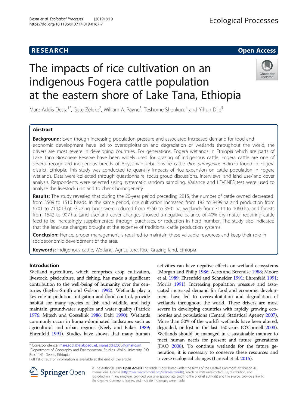 The Impacts of Rice Cultivation on an Indigenous Fogera Cattle Population at the Eastern Shore of Lake Tana, Ethiopia Mare Addis Desta1*, Gete Zeleke2, William A