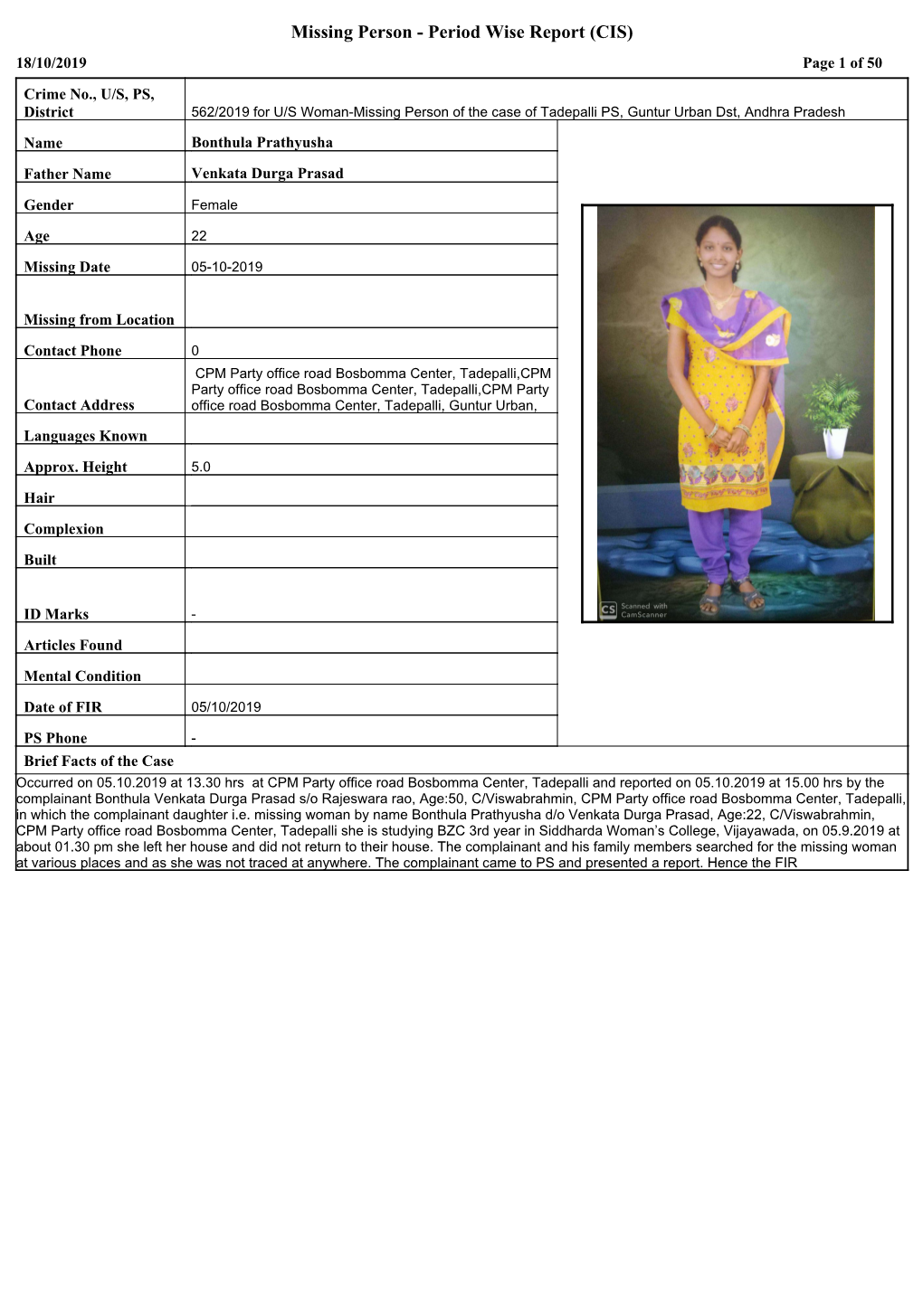 Missing Person - Period Wise Report (CIS) 18/10/2019 Page 1 of 50