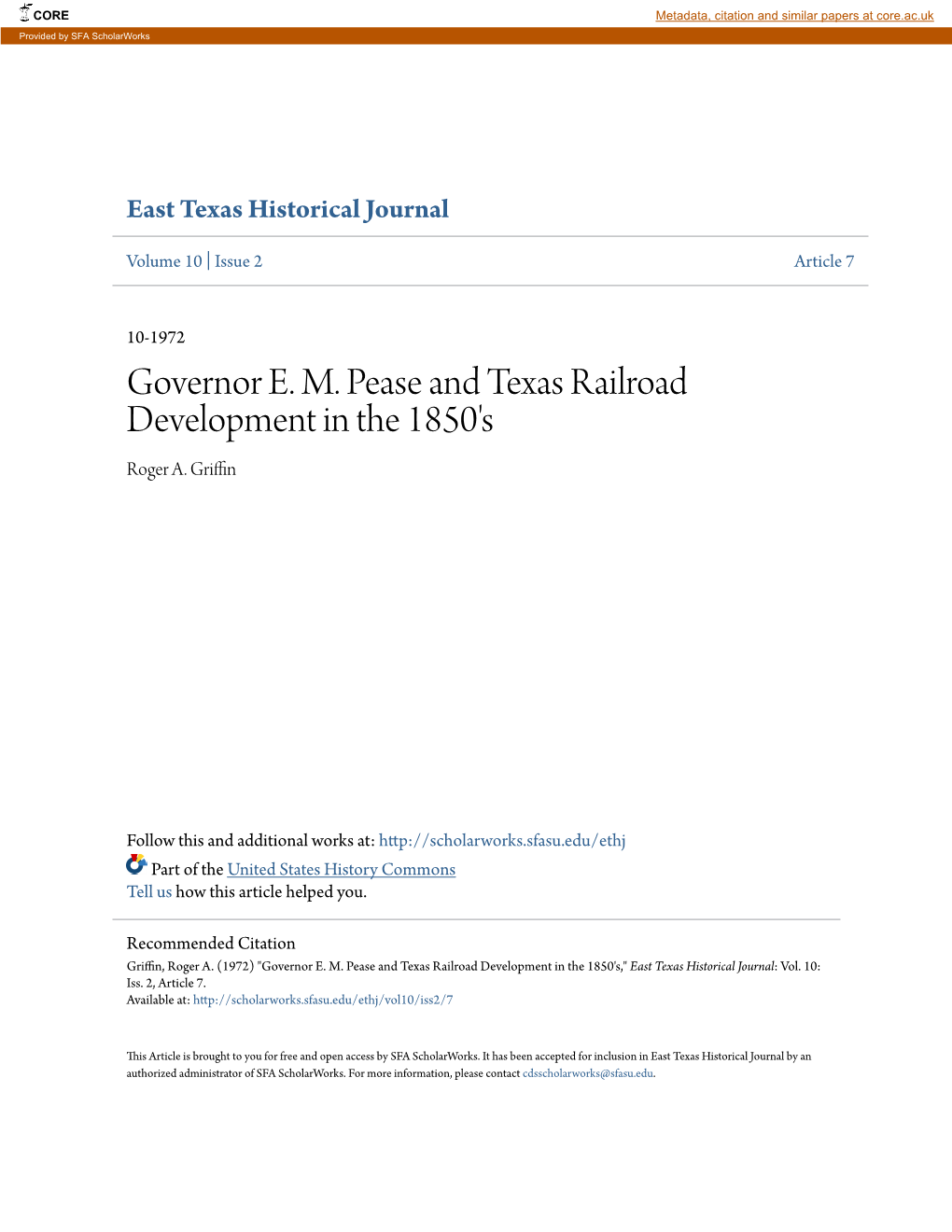 Governor E. M. Pease and Texas Railroad Development in the 1850'S Roger A