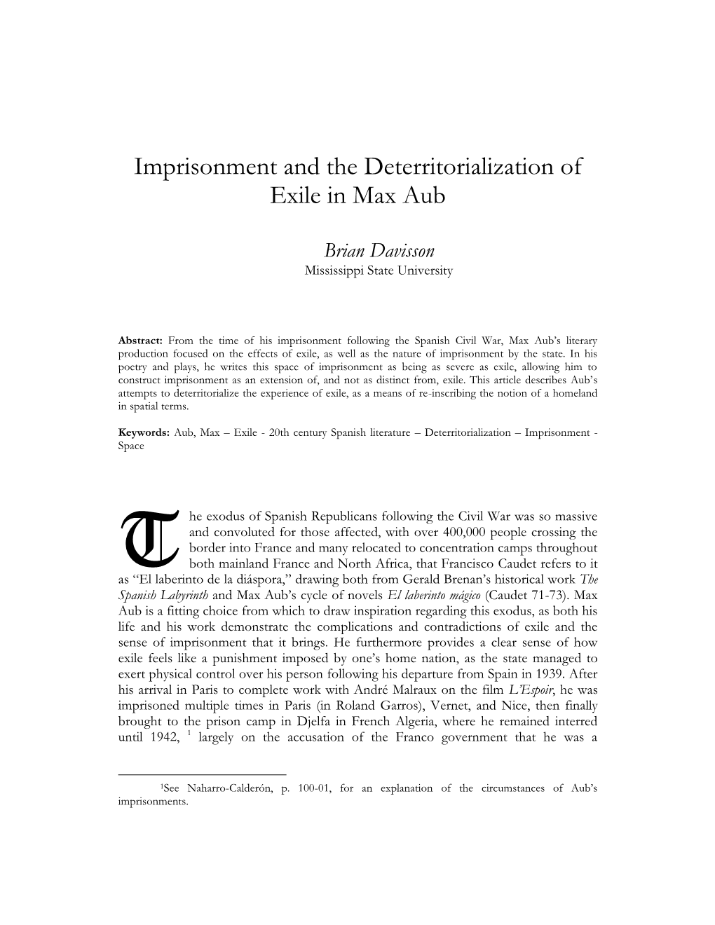 Imprisonment and the Deterritorialization of Exile in Max Aub