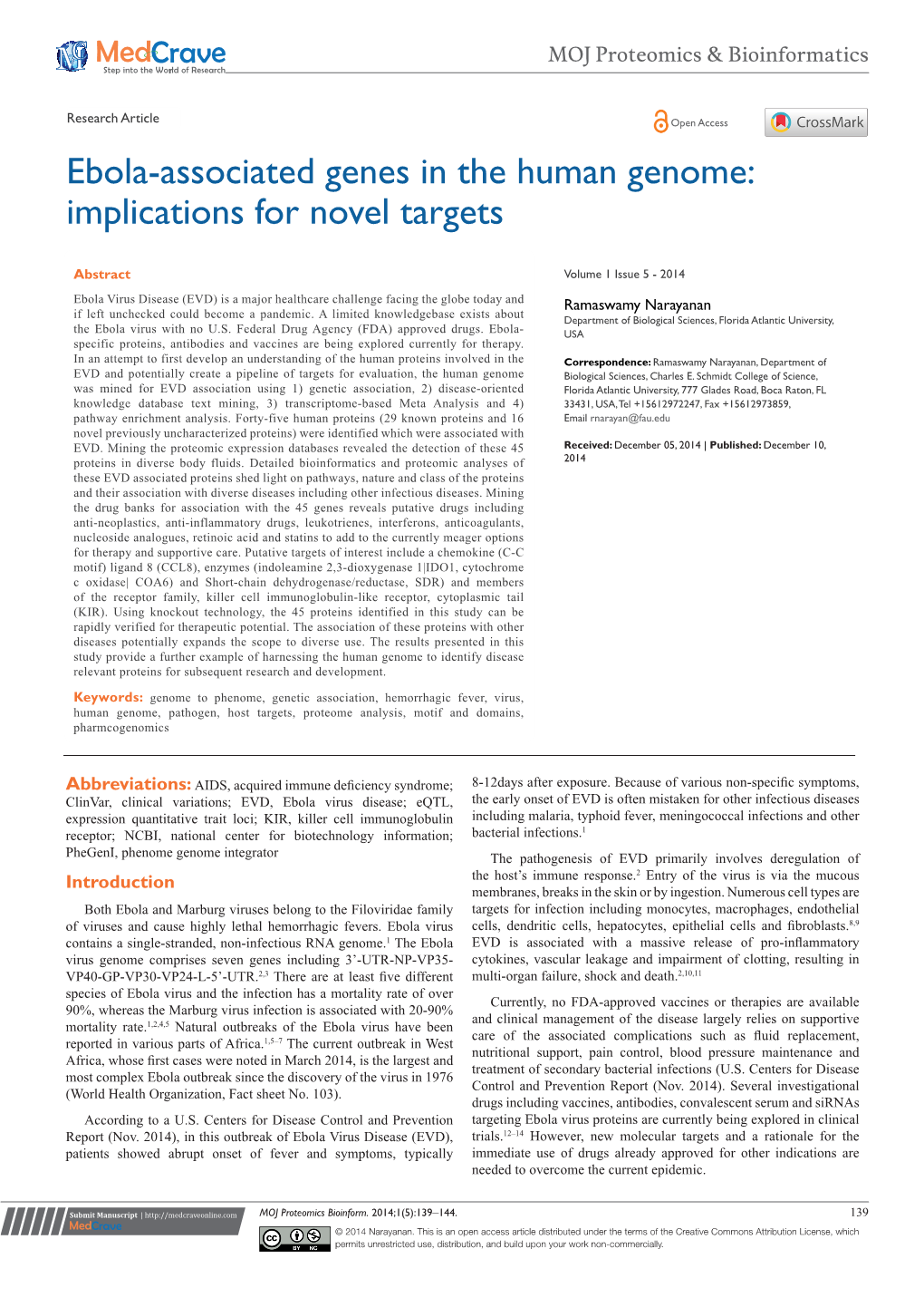 Narayanan R. Ebola–Associated Genes in the Human Genome