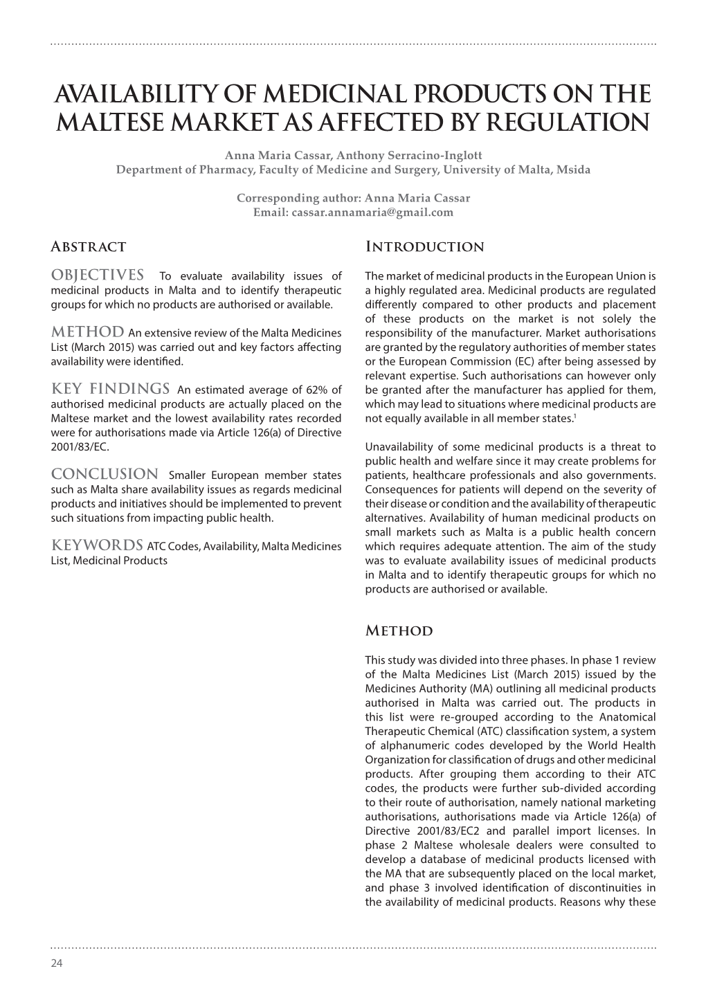 Availability of Medicinal Products on the Maltese Market As Affected by Regulation