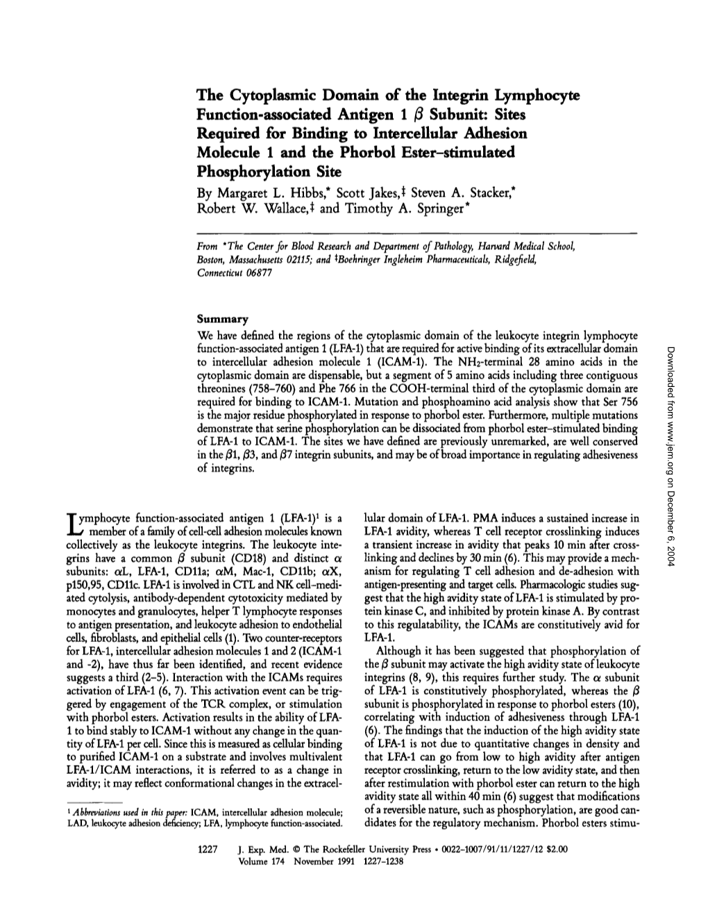 The Cytoplasmic Domain of the Integrin Lymphocyte