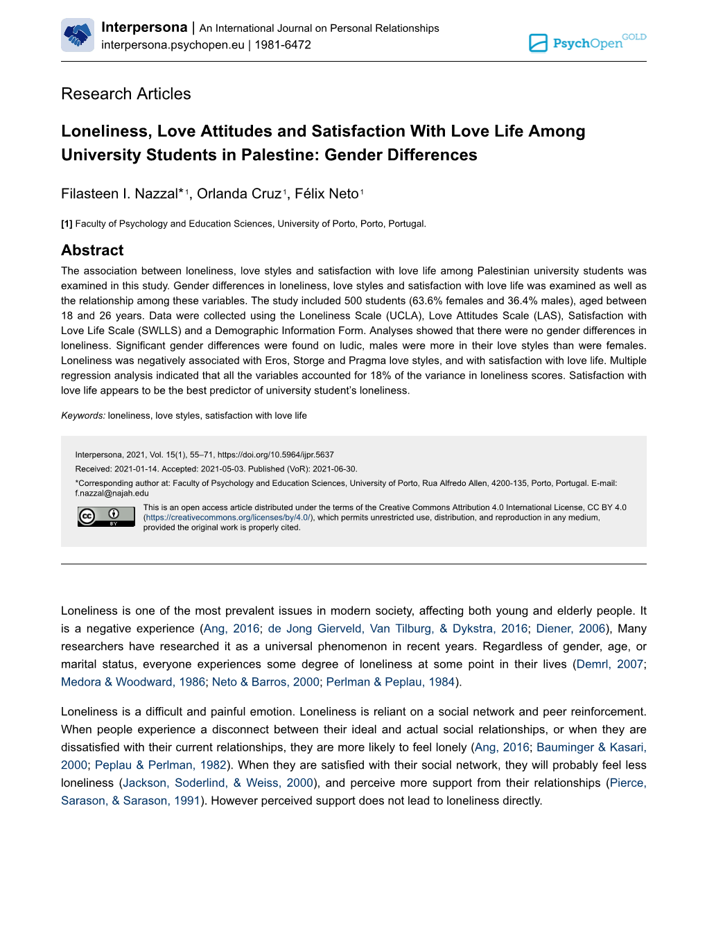 Loneliness, Love Attitudes and Satisfaction with Love Life Among University Students in Palestine: Gender Differences