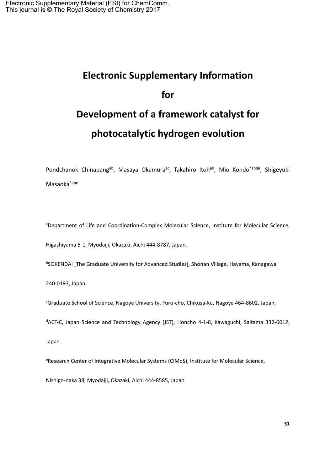 Electronic Supplementary Information for Development of a Framework Catalyst for Photocatalytic Hydrogen Evolution