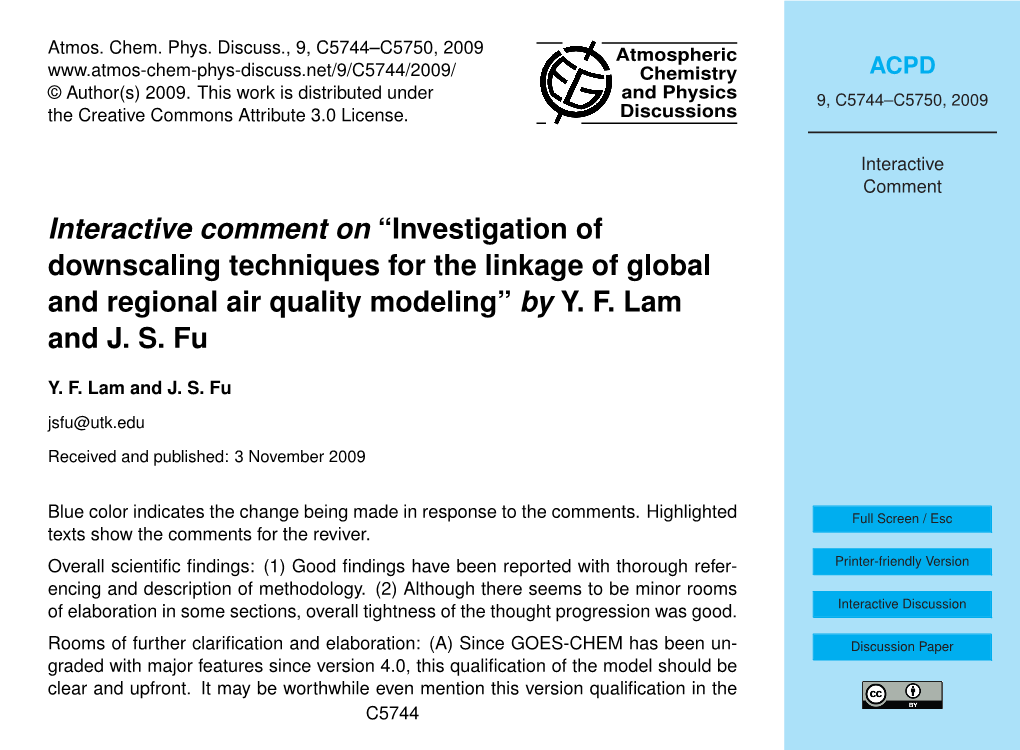 Investigation of Downscaling Techniques for the Linkage of Global and Regional Air Quality Modeling” by Y