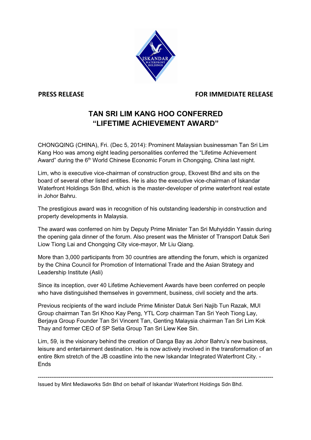 Press Release for Immediate Release Tan Sri Lim Kang Hoo Conferred “Lifetime Achievement Award”