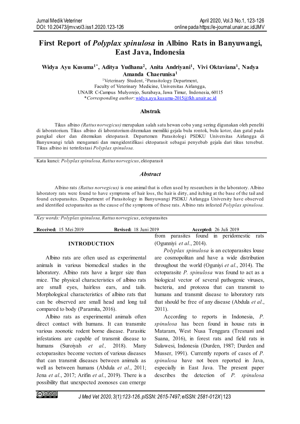 First Report of Polyplax Spinulosa in Albino Rats in Banyuwangi, East Java, Indonesia