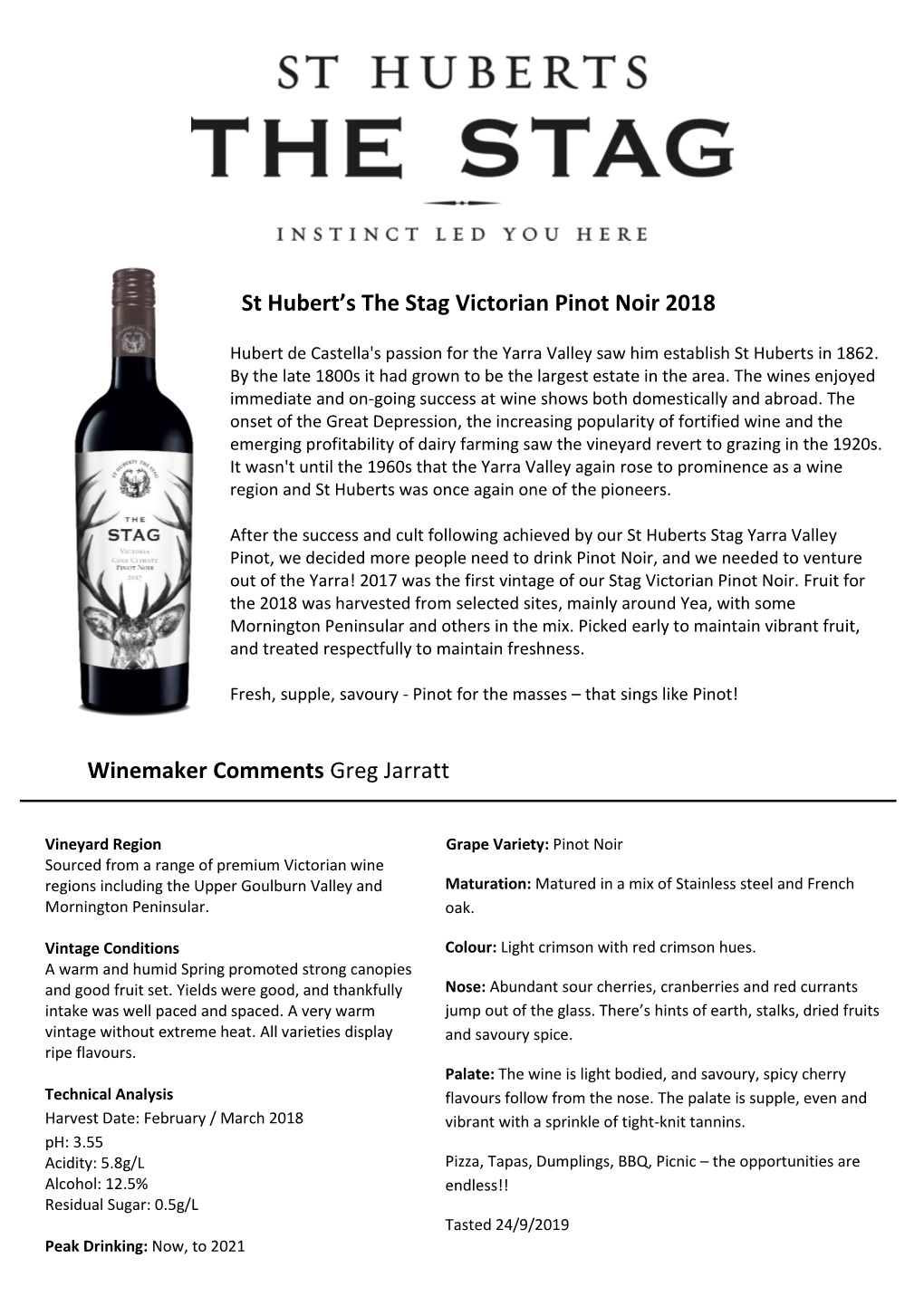 St Hubert's the Stag Victorian Pinot Noir 2018 Winemaker Comments