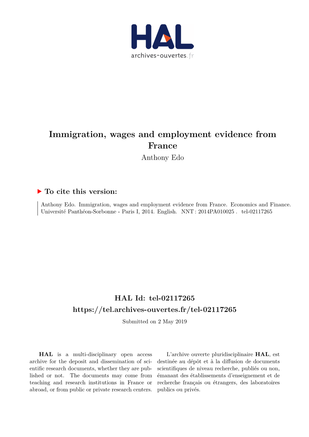 Immigration, Wages and Employment Evidence from France Anthony Edo