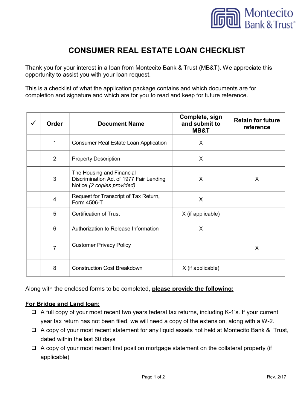 Consumer Real Estate Loan Checklist