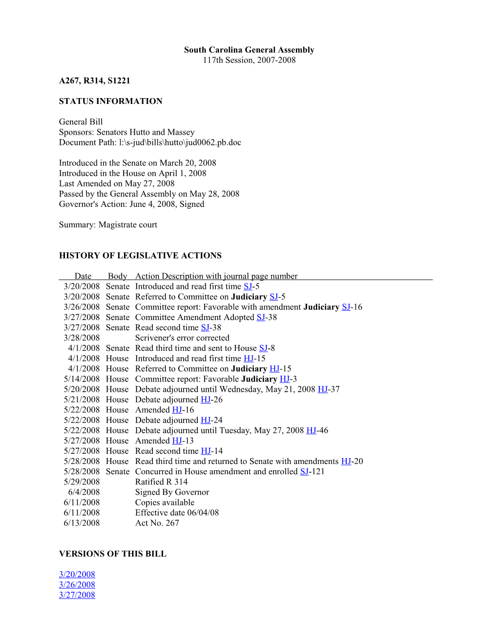 2007-2008 Bill 1221: Magistrate Court - South Carolina Legislature Online