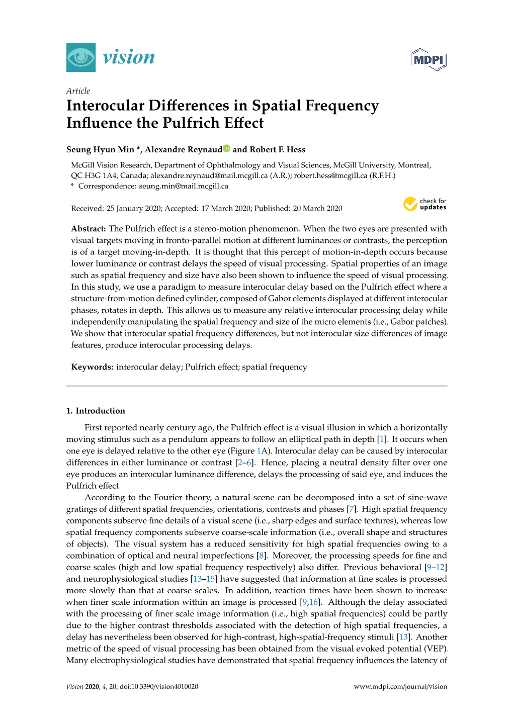 Interocular Differences in Spatial Frequency Influence the Pulfrich