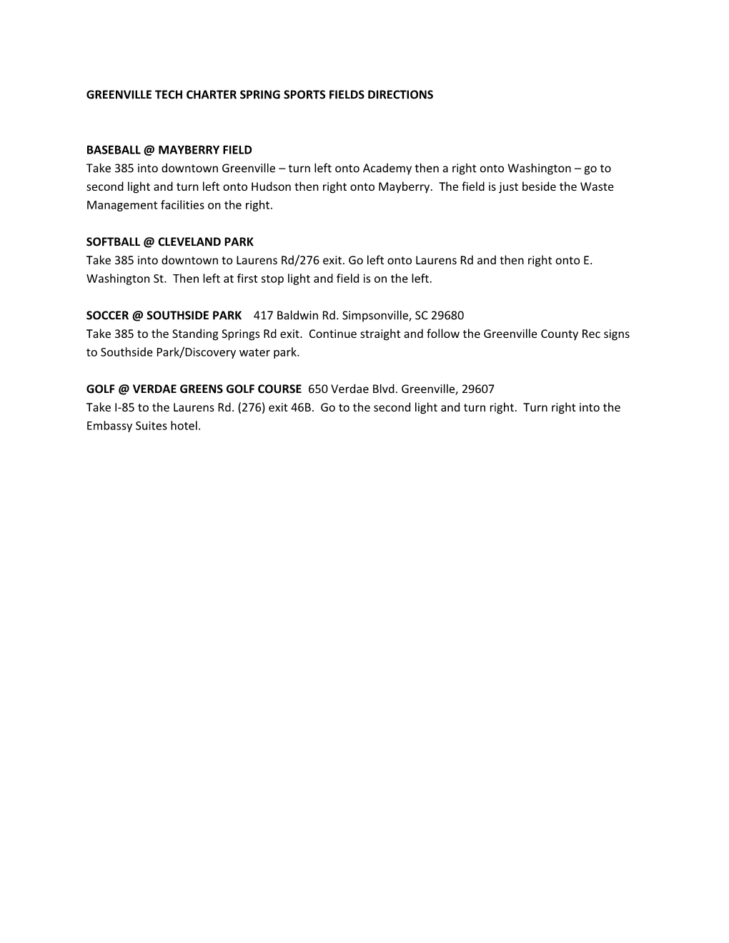 Greenville Tech Charter Spring Sports Fields Directions