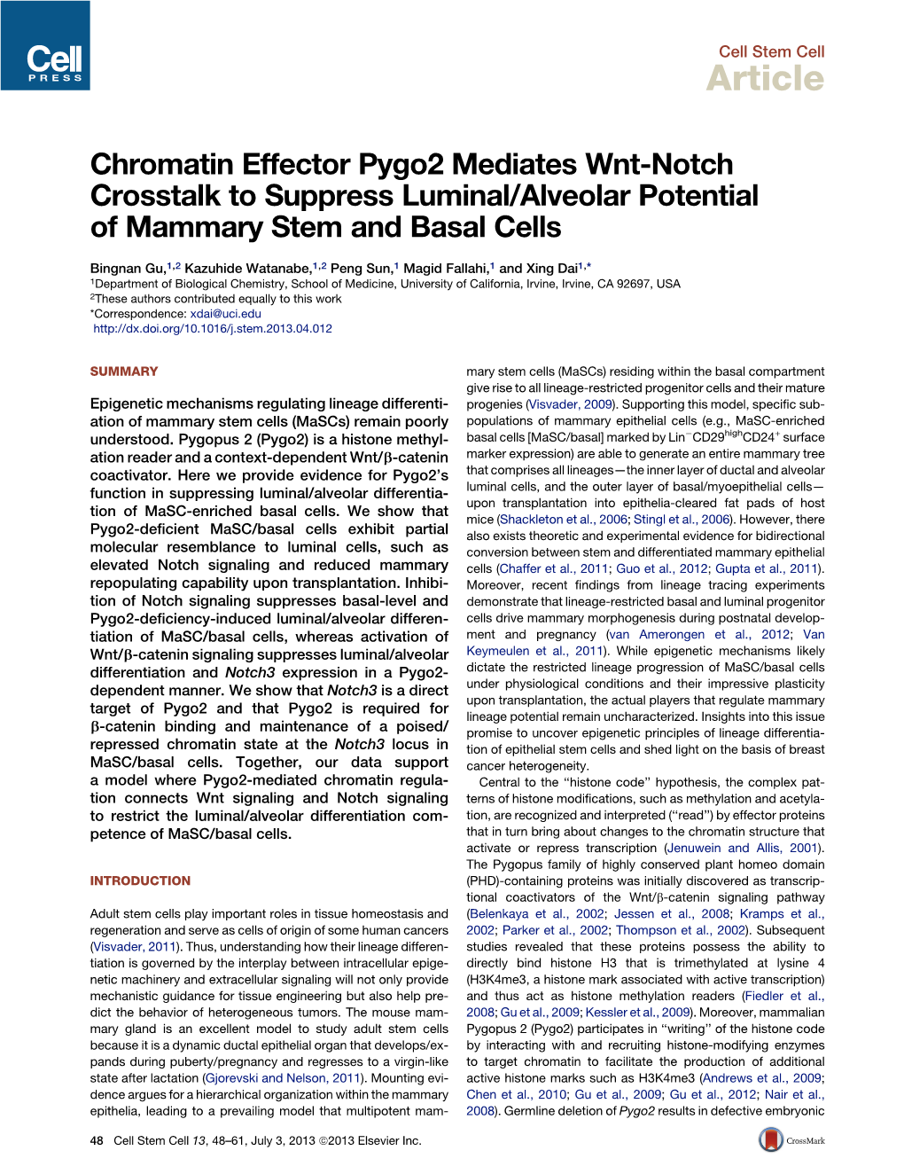 Chromatin Effector Pygo2 Mediates Wnt-Notch Crosstalk to Suppress Luminal/Alveolar Potential of Mammary Stem and Basal Cells