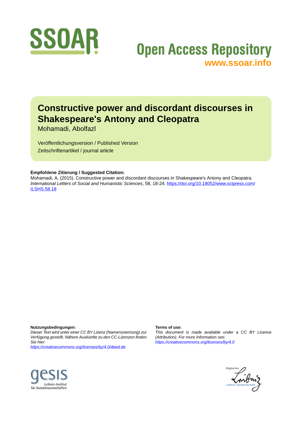 Constructive Power and Discordant Discourses in Shakespeare's Antony and Cleopatra Mohamadi, Abolfazl