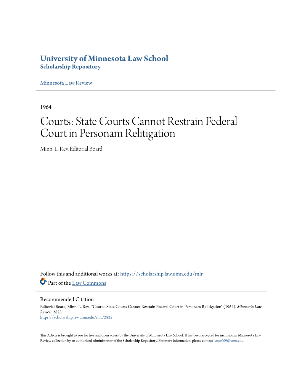 State Courts Cannot Restrain Federal Court in Personam Relitigation Minn