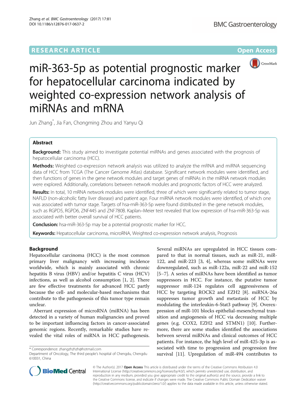 Mir-363-5P As Potential Prognostic Marker for Hepatocellular Carcinoma Indicated by Weighted Co-Expression Network Analysis of M