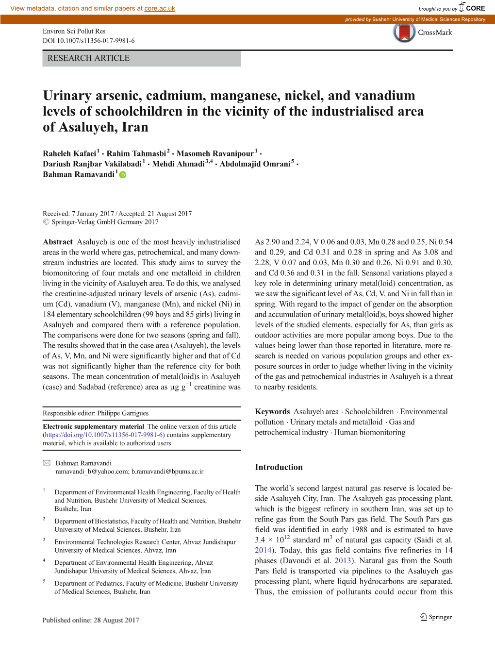 Urinary Arsenic, Cadmium, Manganese, Nickel, and Vanadium Levels of Schoolchildren in the Vicinity of the Industrialised Area of Asaluyeh, Iran