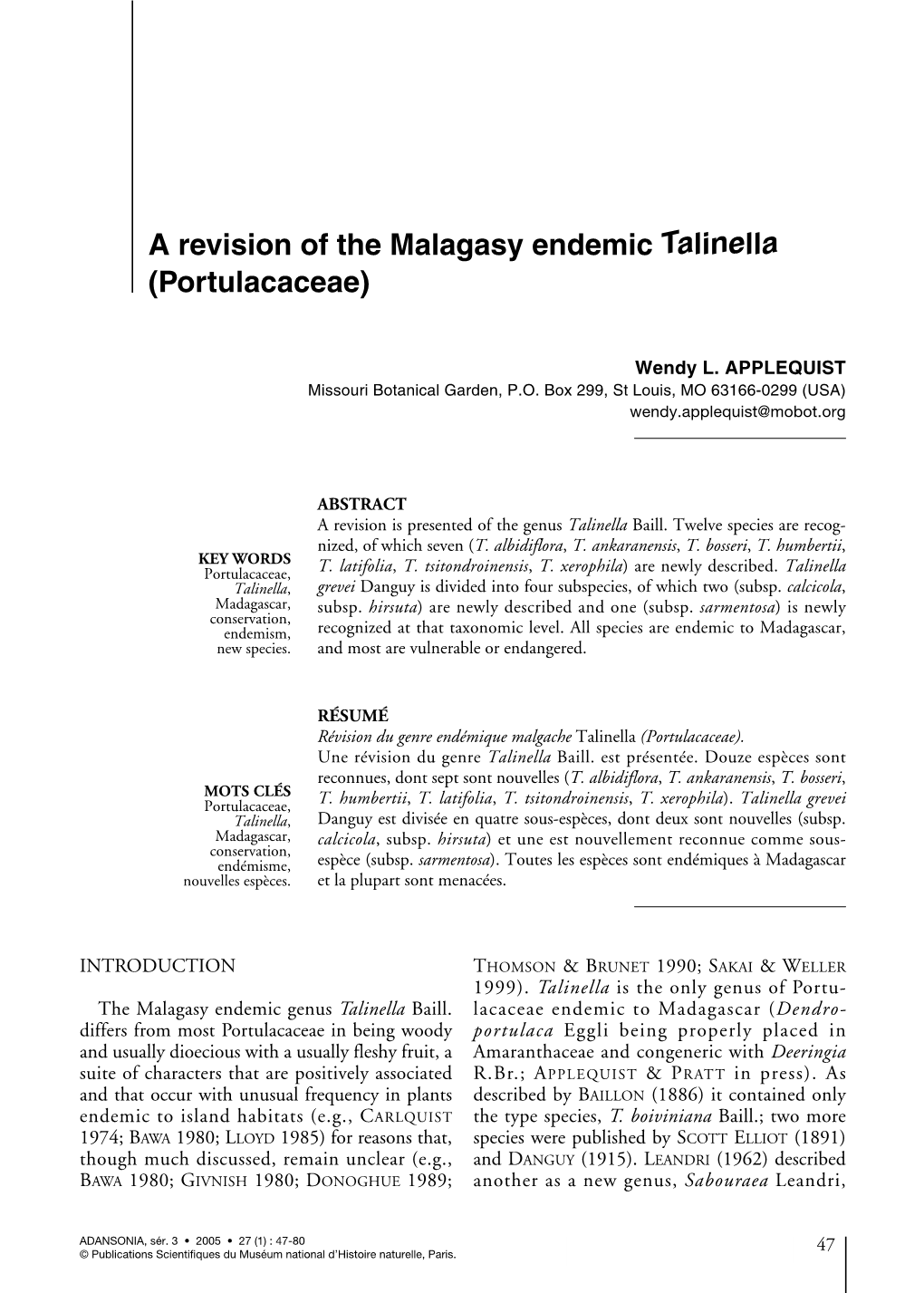 A Revision of the Malagasy Endemic Talinella (Portulacaceae)