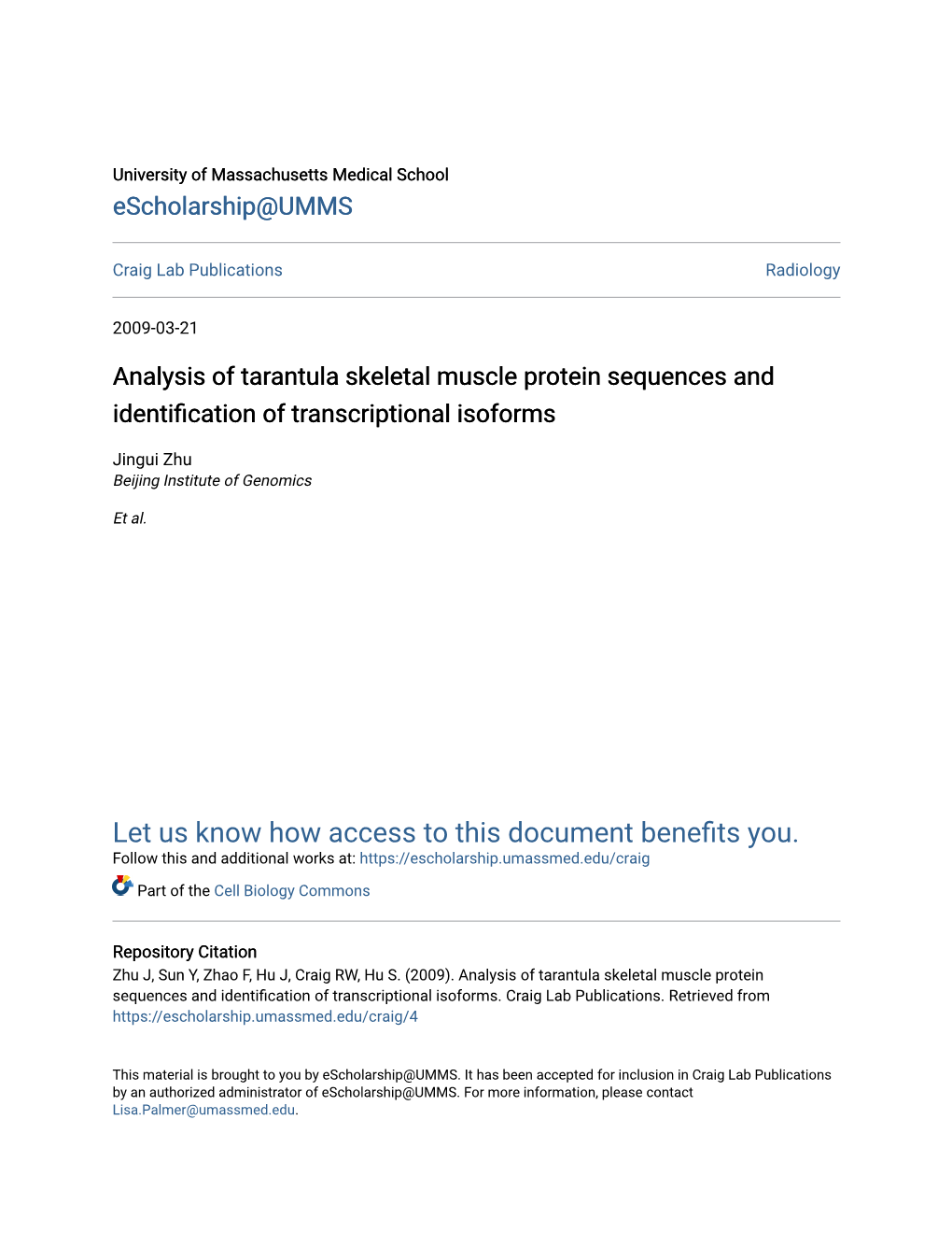 Analysis of Tarantula Skeletal Muscle Protein Sequences and Identification of Transcriptional Isoforms