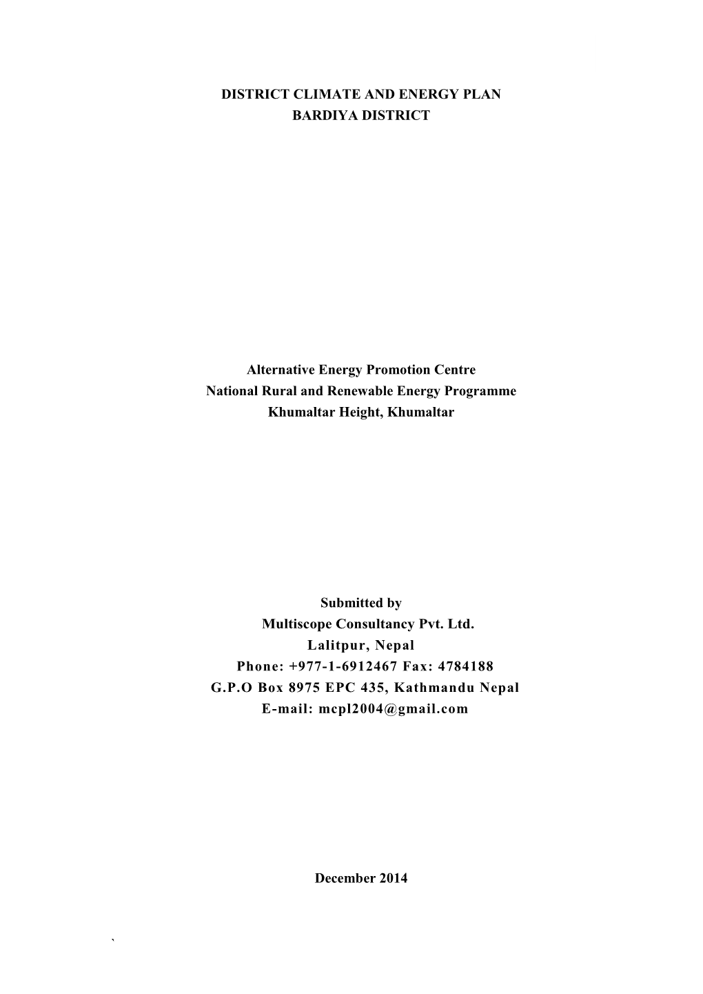 District Climate and Energy Plan for Bardiya District 1 ` DISTRICT