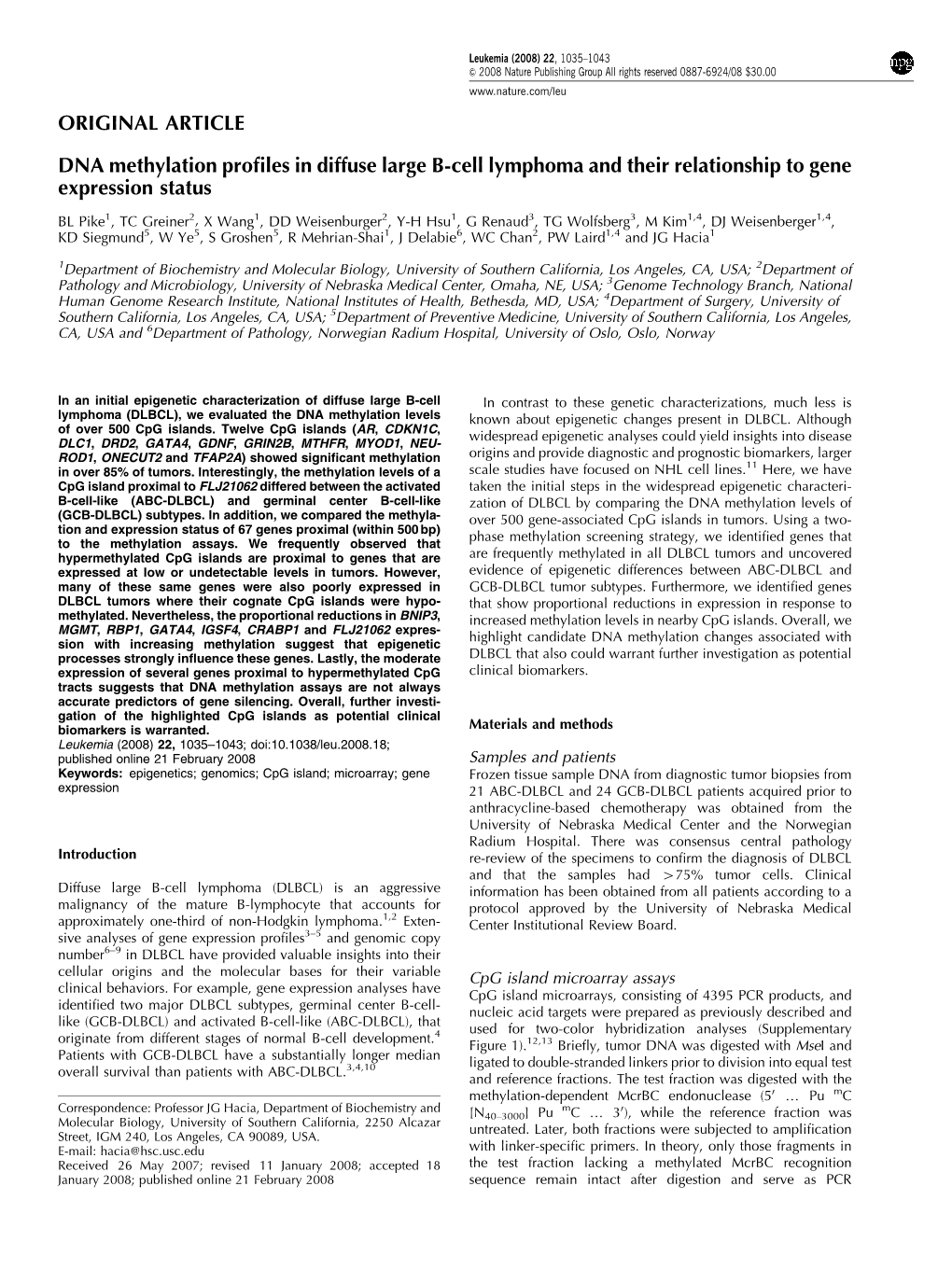 DNA Methylation Profiles in Diffuse Large B-Cell Lymphoma and Their