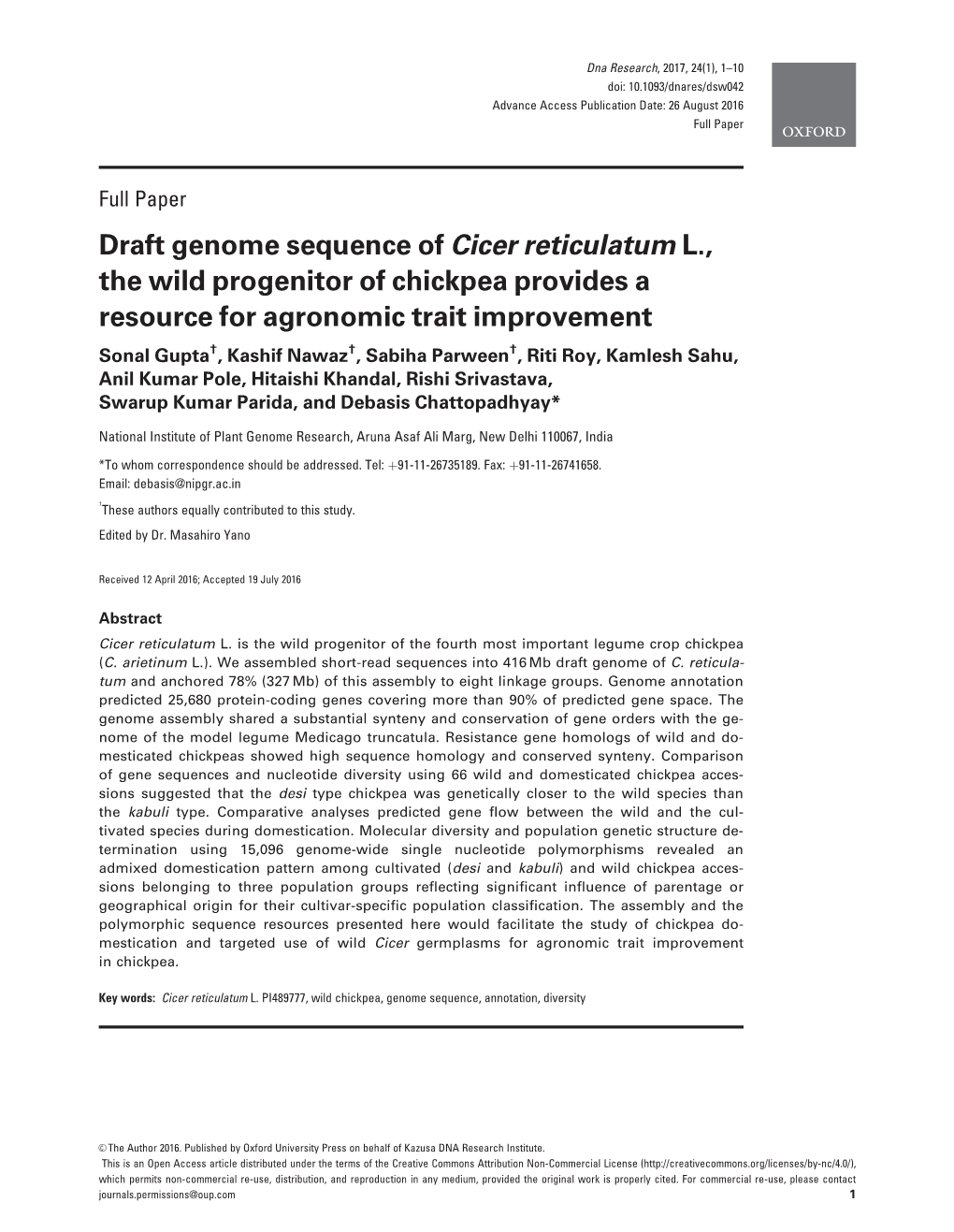Draft Genome Sequence of Cicer Reticulatum L., the Wild Progenitor Of