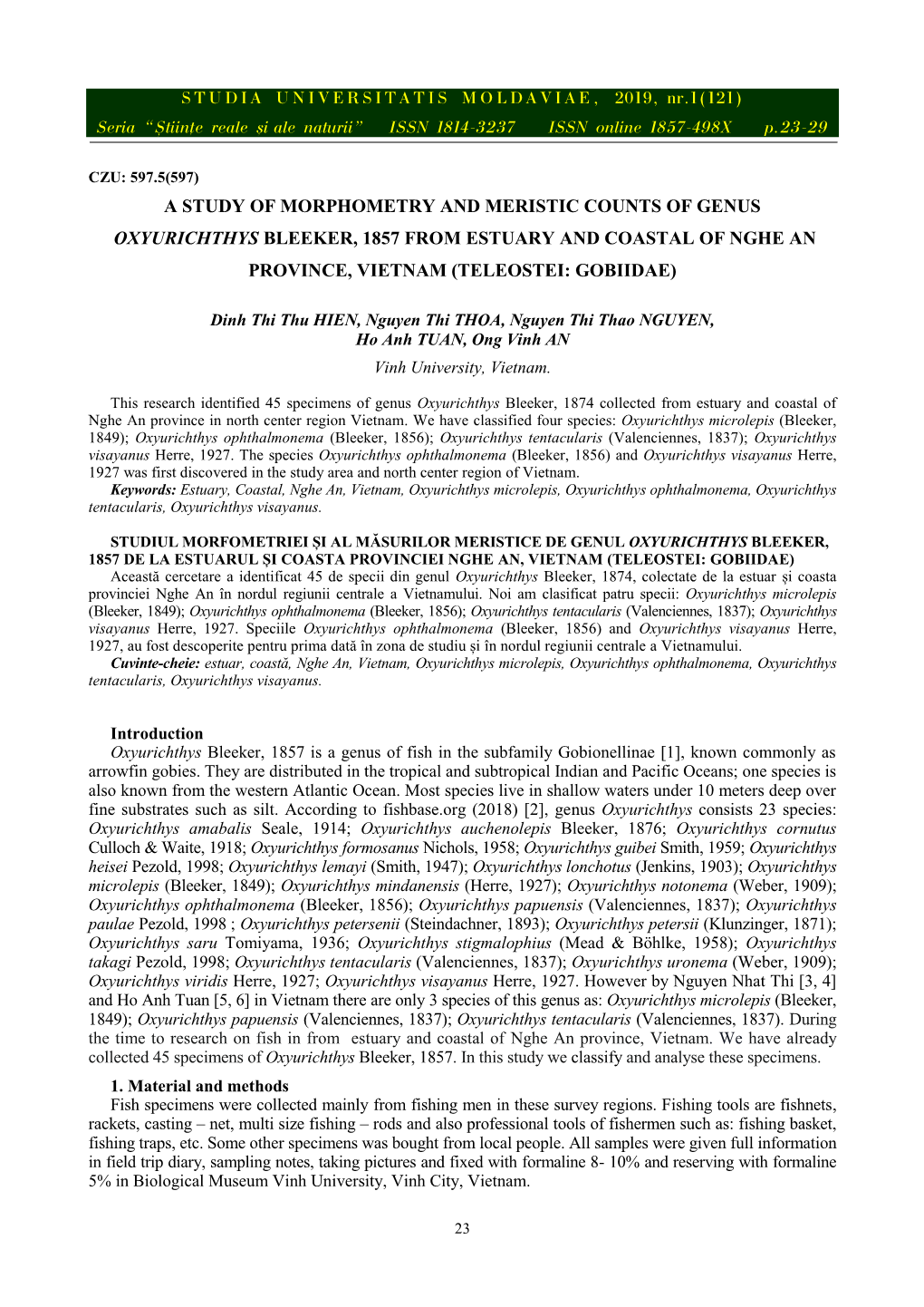 A Study of Morphometry and Meristic Counts of Genus Oxyurichthys Bleeker, 1857 from Estuary and Coastal of Nghe an Province, Vietnam (Teleostei: Gobiidae)