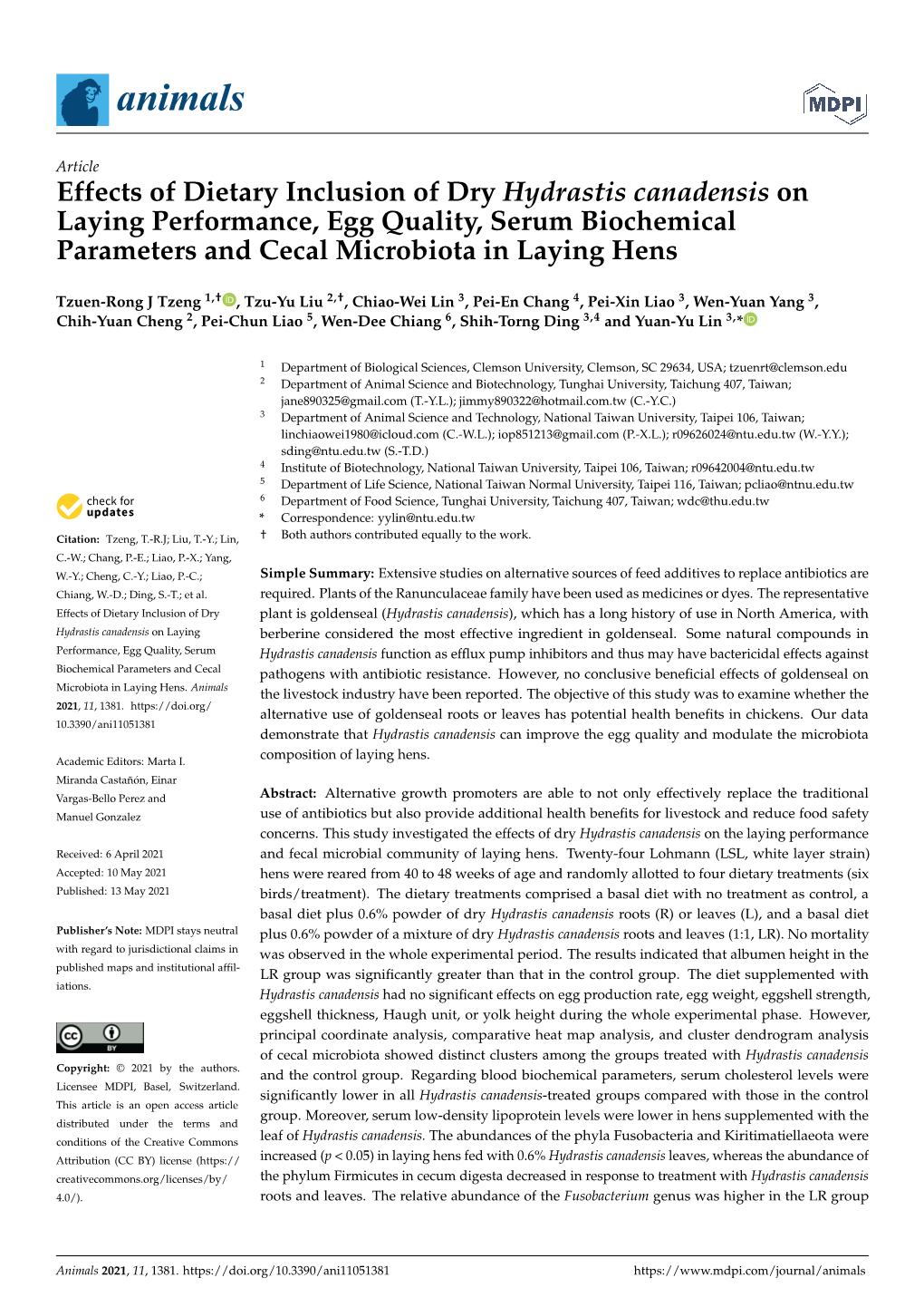 Effects of Dietary Inclusion of Dry Hydrastis Canadensis on Laying Performance, Egg Quality, Serum Biochemical Parameters and Cecal Microbiota in Laying Hens