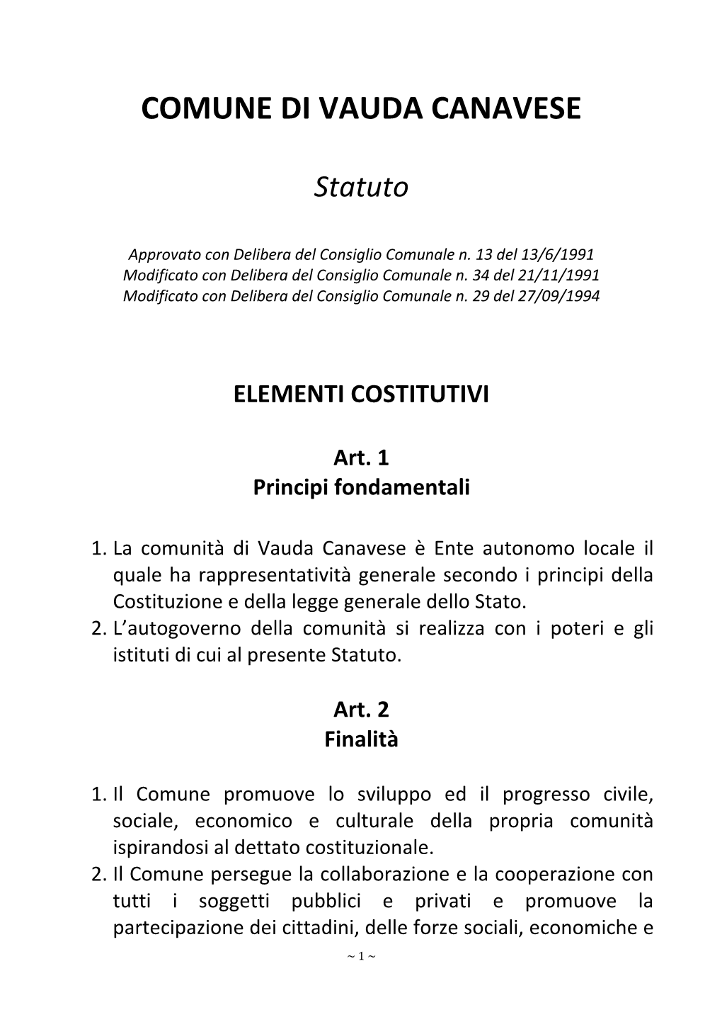 Statuto Comune Di Vauda Canavese