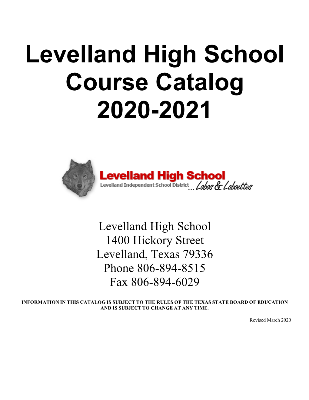 Levelland High School Course Catalog 2020-2021