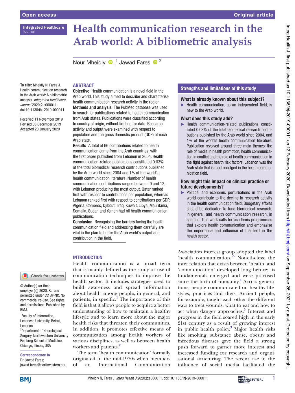 Health Communication Research in the Arab World: a Bibliometric Analysis