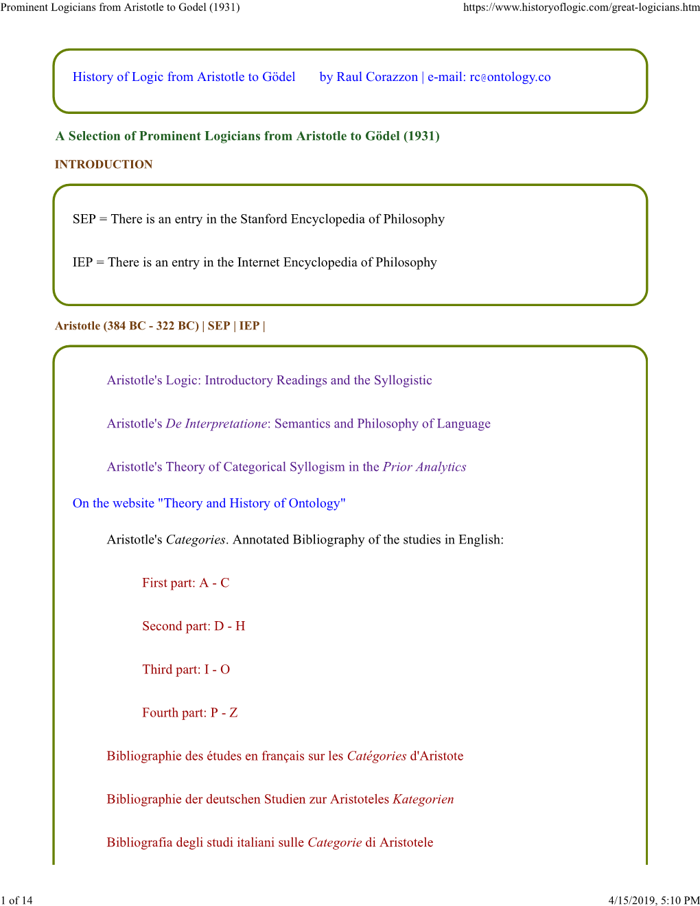 Prominent Logicians from Aristotle to Godel (1931)