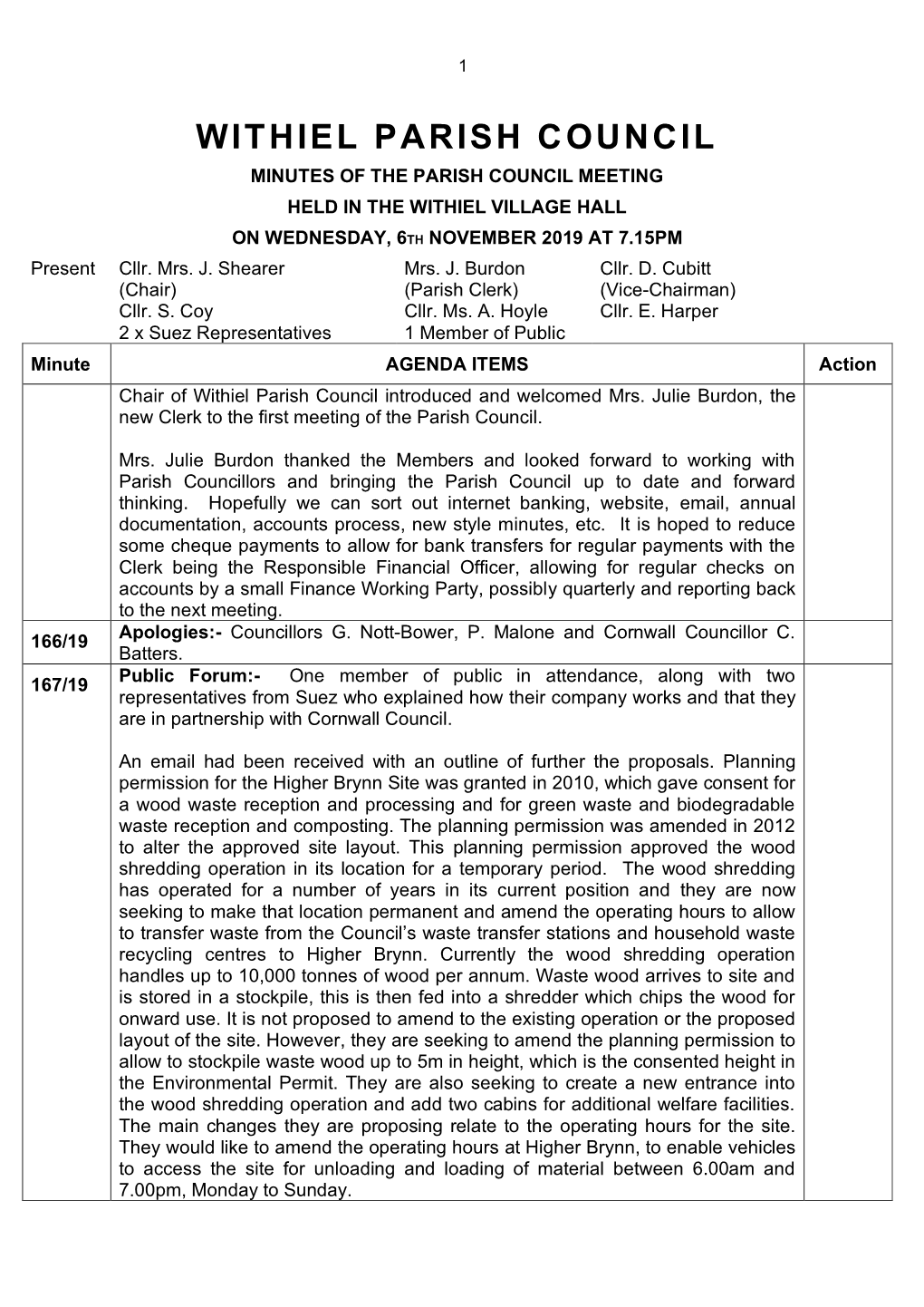 Withiel Parish Council Minutes of the Parish Council Meeting Held in the Withiel Village Hall