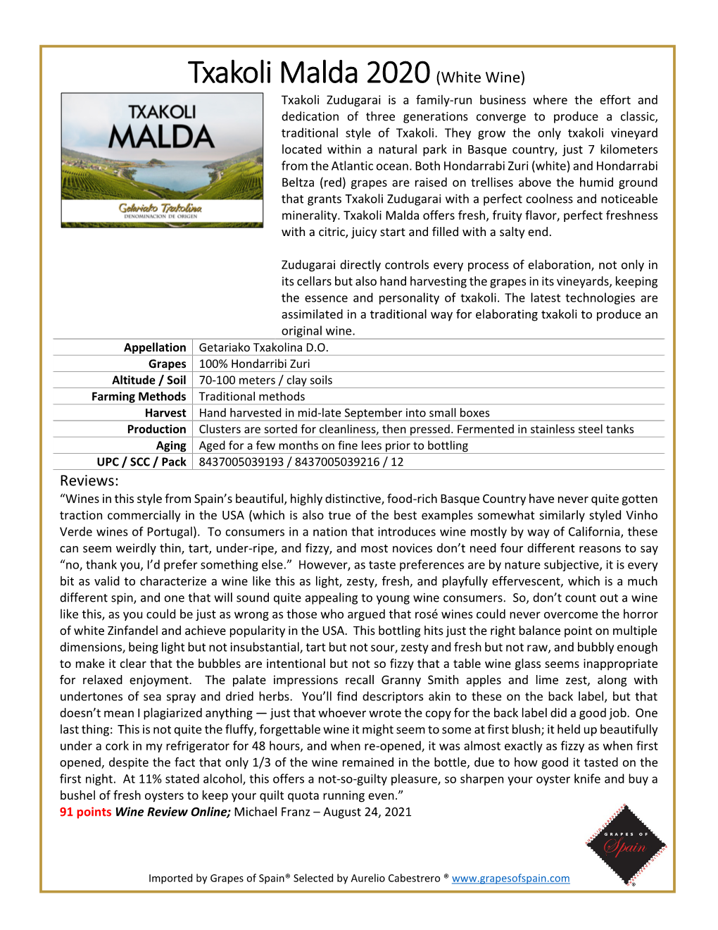 Txakoli Malda 2020(White Wine)